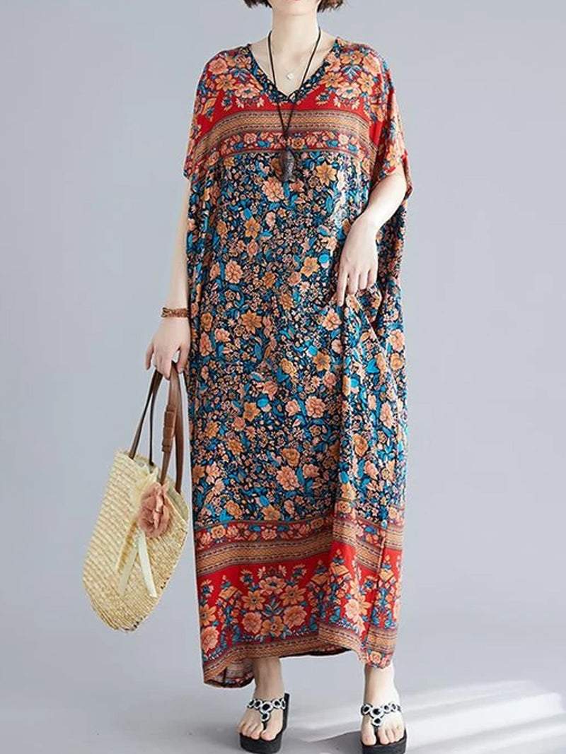 Navy Blue V-Neck Batwing Sleeve Bohemian Floral Print Loose Kaftan Maxi Dress