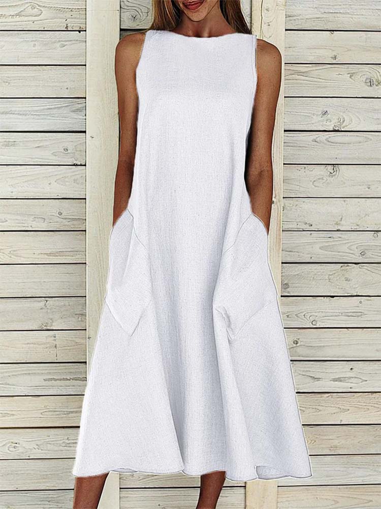 Summer Crew Neck Solid Cotton Blend Sleeveless Pocket Dress