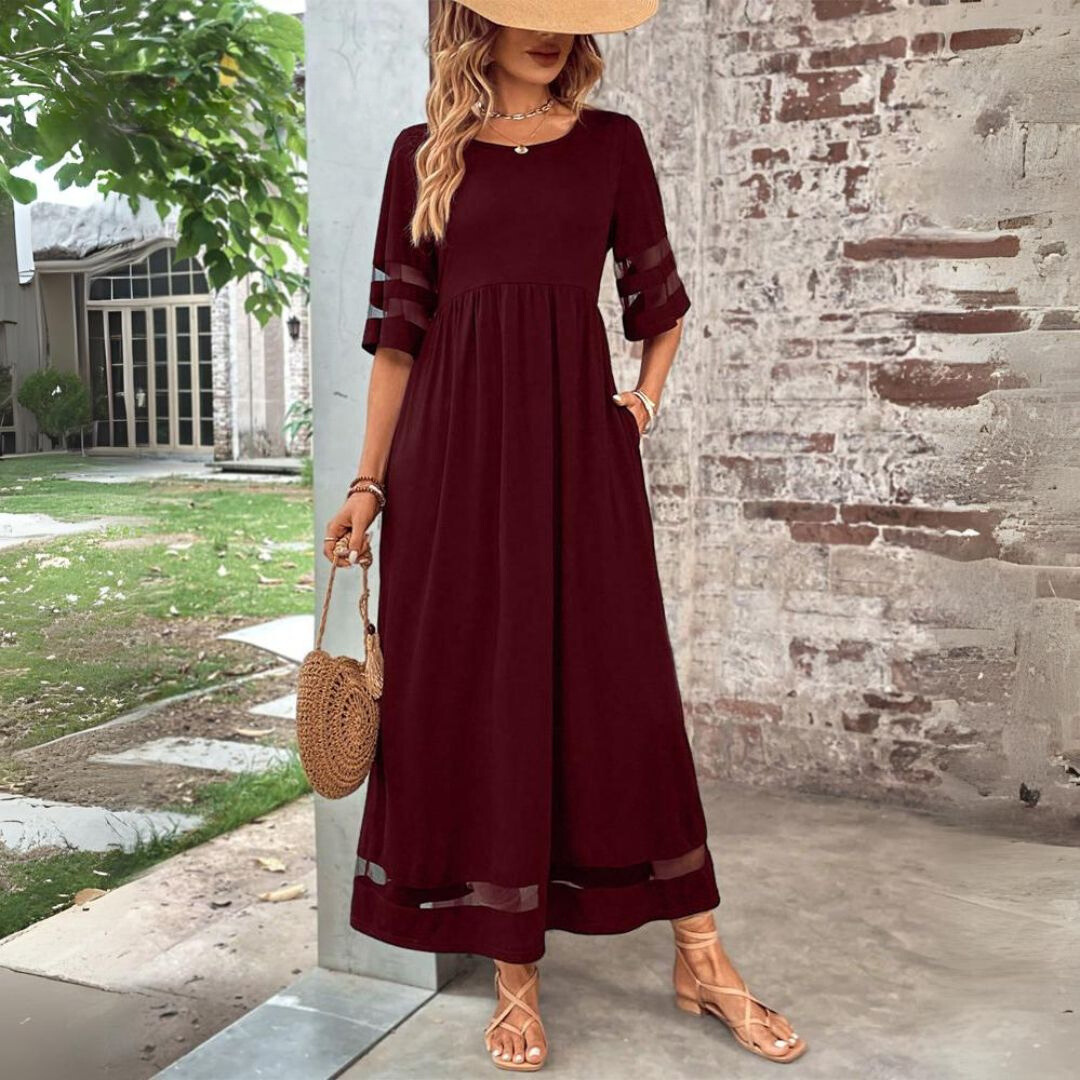 Round Neck Mesh Stripe Sleeve Empire Waist A-Line Maxi Dress 5