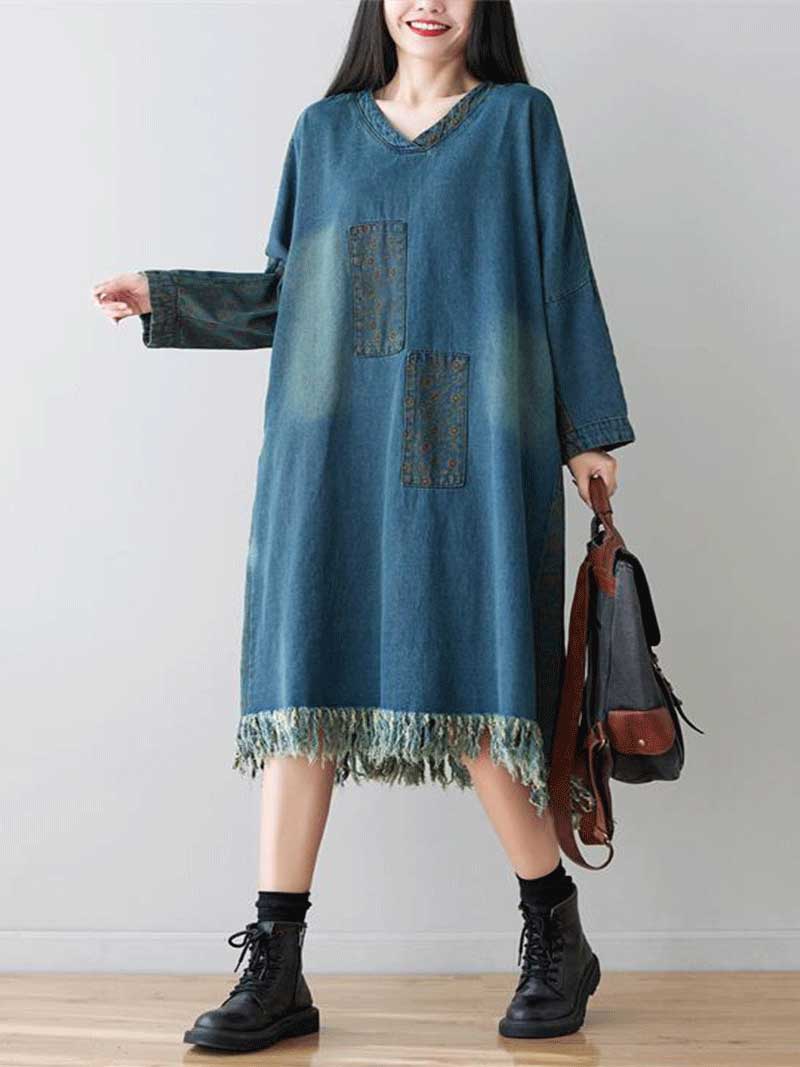 V-Neck Patch Pocket Denim Long Sleeve Frayed Tassel Hem Midi Dress 7