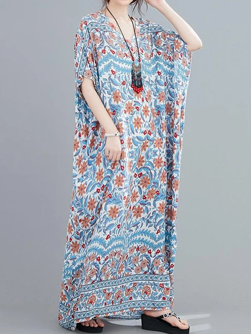 V-Neck Floral Print Batwing Sleeve Loose Kaftan Maxi Dress 2