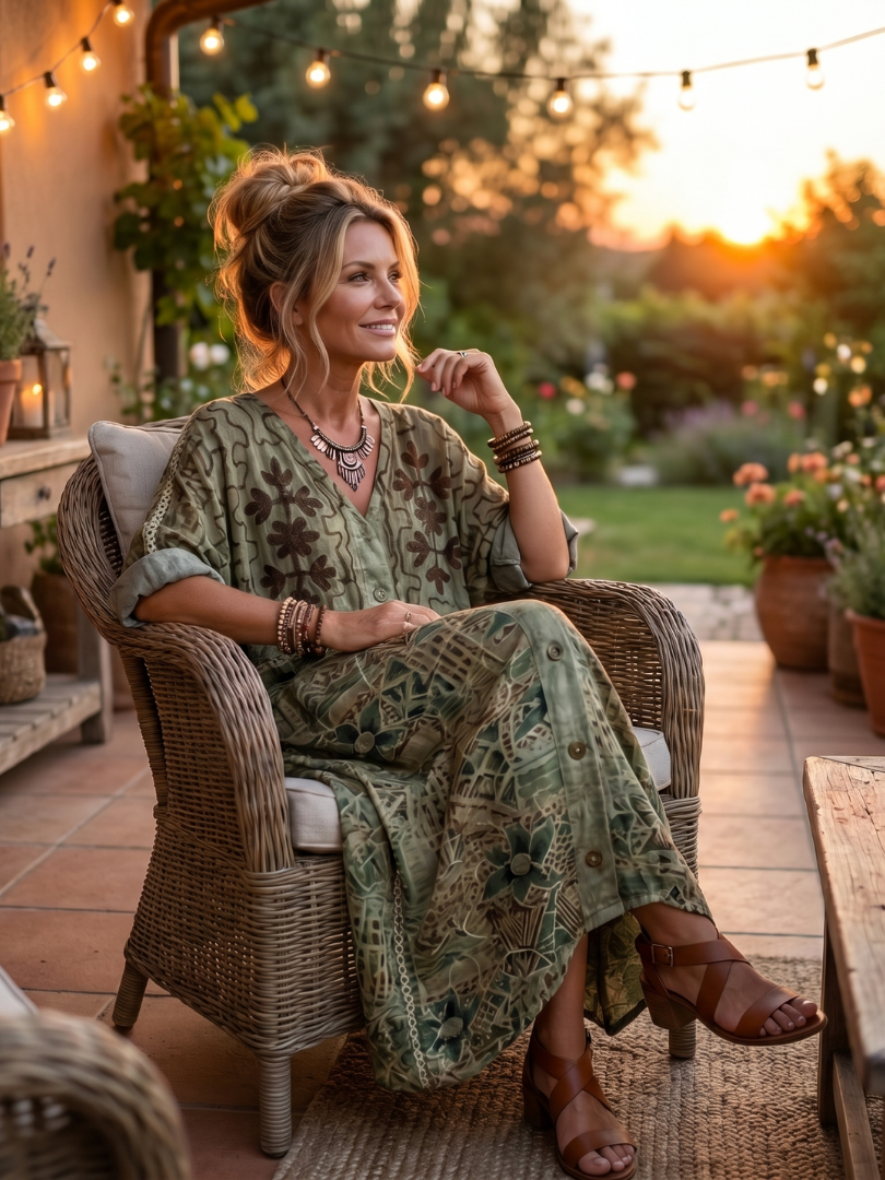 Green V-Neck Button Front Contrast Panel Embroidered Pocket Maxi Dress 6