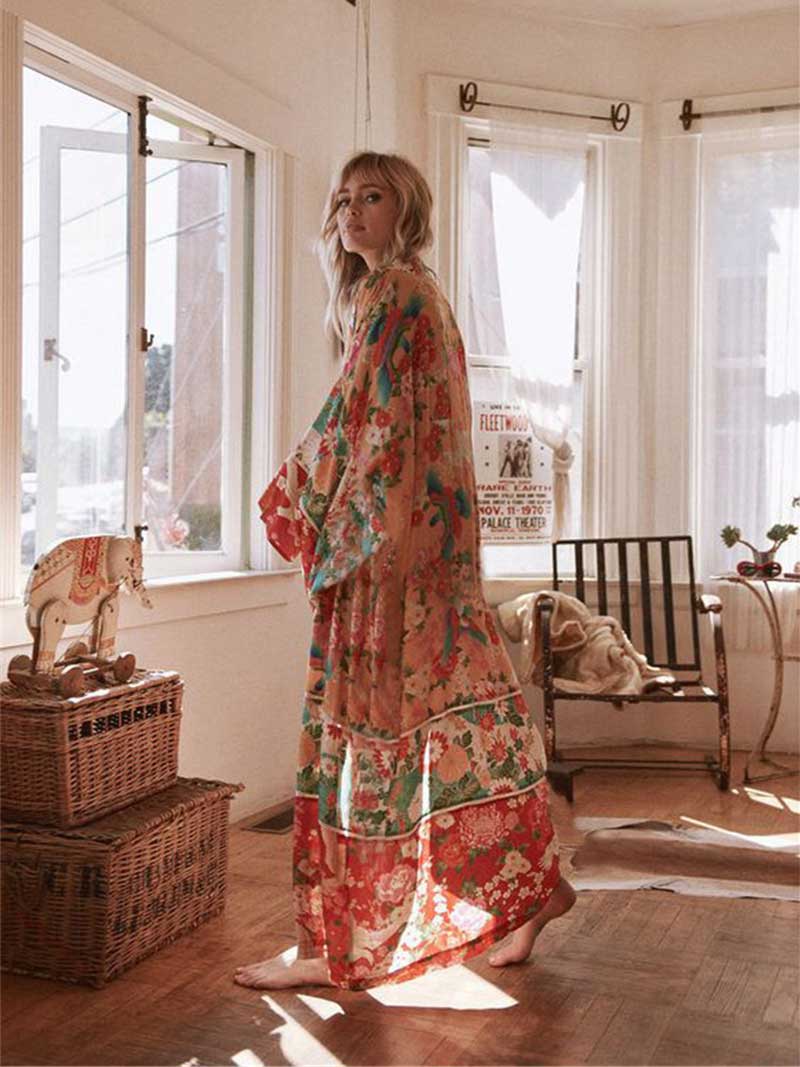 Pink Floral Print Chiffon Tie Waist Long Open Front Kimono 3