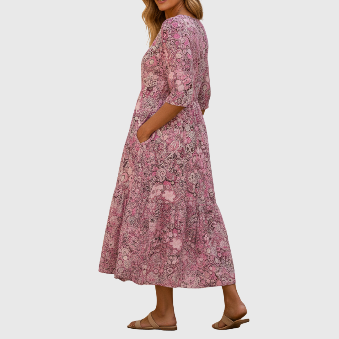 V-Neck Three Quarter Sleeve Floral Button Front A-Line Midi Dress