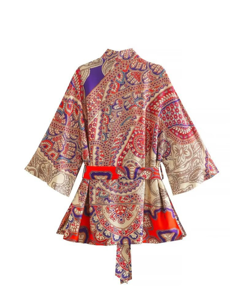 Multicolor Paisley Print Satin Wide Sleeve Belted Short Kimono 2