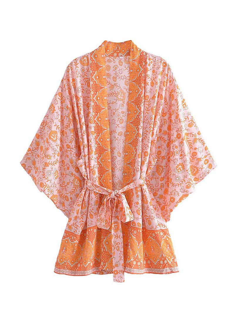 Floral Print Border Trim Tie Waist Kimono Robe 3