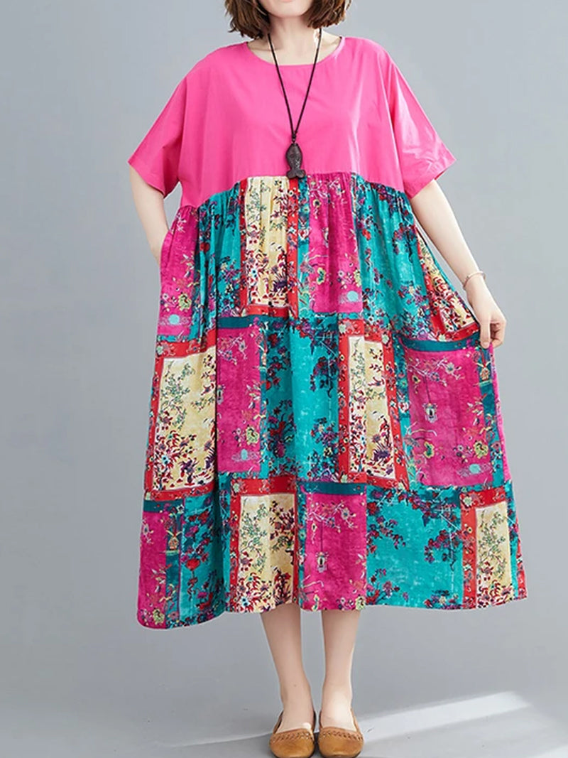 Round Neck Short Sleeve Floral Patchwork Print Smock Midi Dress 2