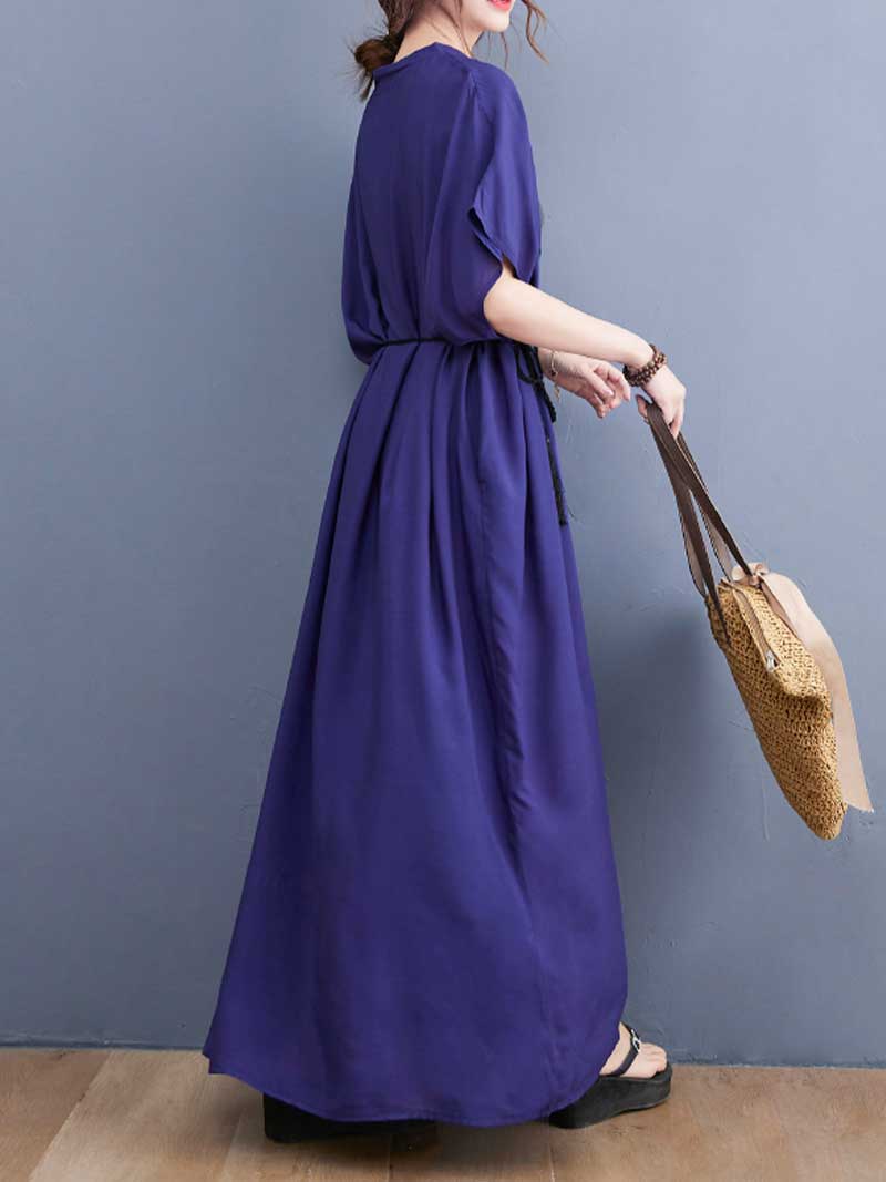 Navy Blue V-Neck Embroidered Phoenix Patch Short Sleeve Loose Kaftan Maxi Dress