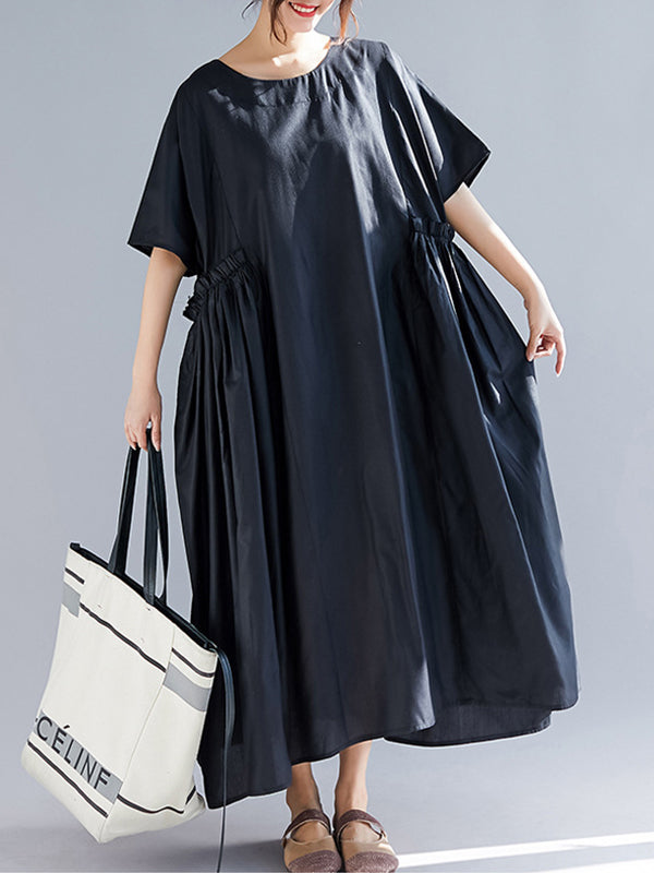 Black Round Neck Short Sleeve Pleated Pocket Loose A-Line Midi Dress 5