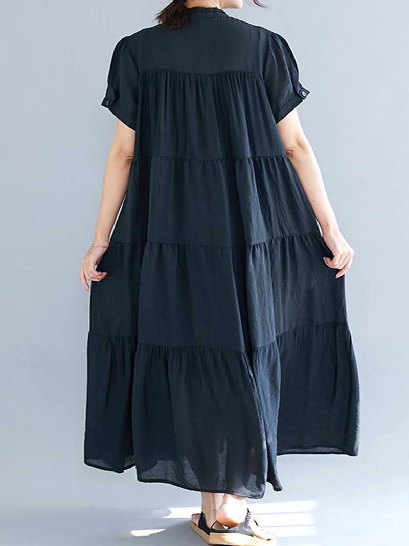 Black Band Collar Short Sleeve Tiered Smock A-Line Maxi Dress 2