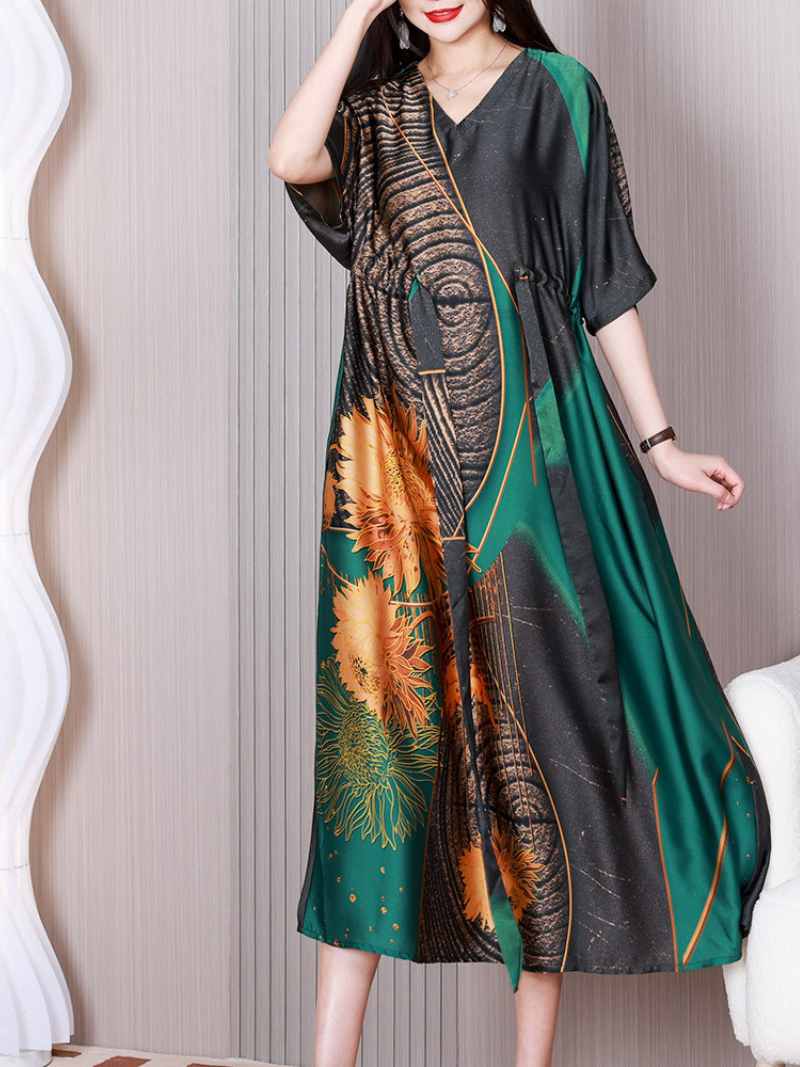 Green V-Neck Short Sleeve Floral Print Drawstring Waist Loose Midi Dress