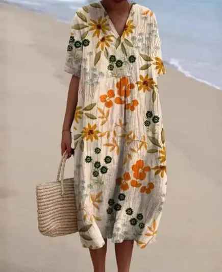 V-Neck Floral Bird Print Short Sleeve A-Line Midi Dress 4