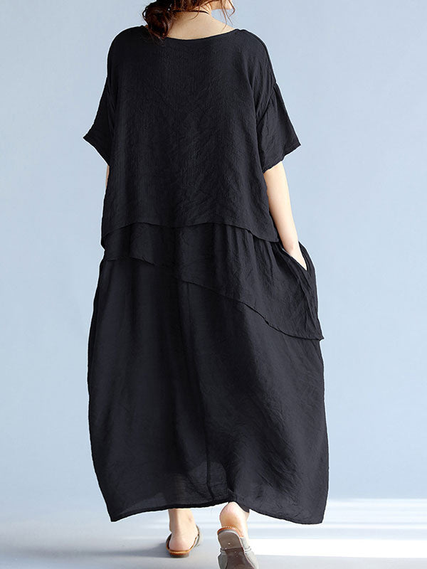 Round Neck Layered Short Sleeve Loose A-Line Linen Maxi Dress 9