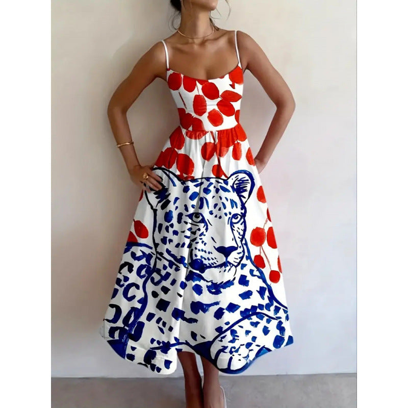 Spaghetti Strap Scoop Neck Leopard Cherry Print A-Line Midi Dress
