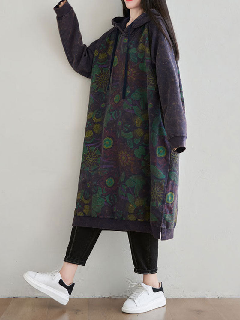 Hooded Floral Print Drawstring Long Sleeve Sweatshirt Midi Dress