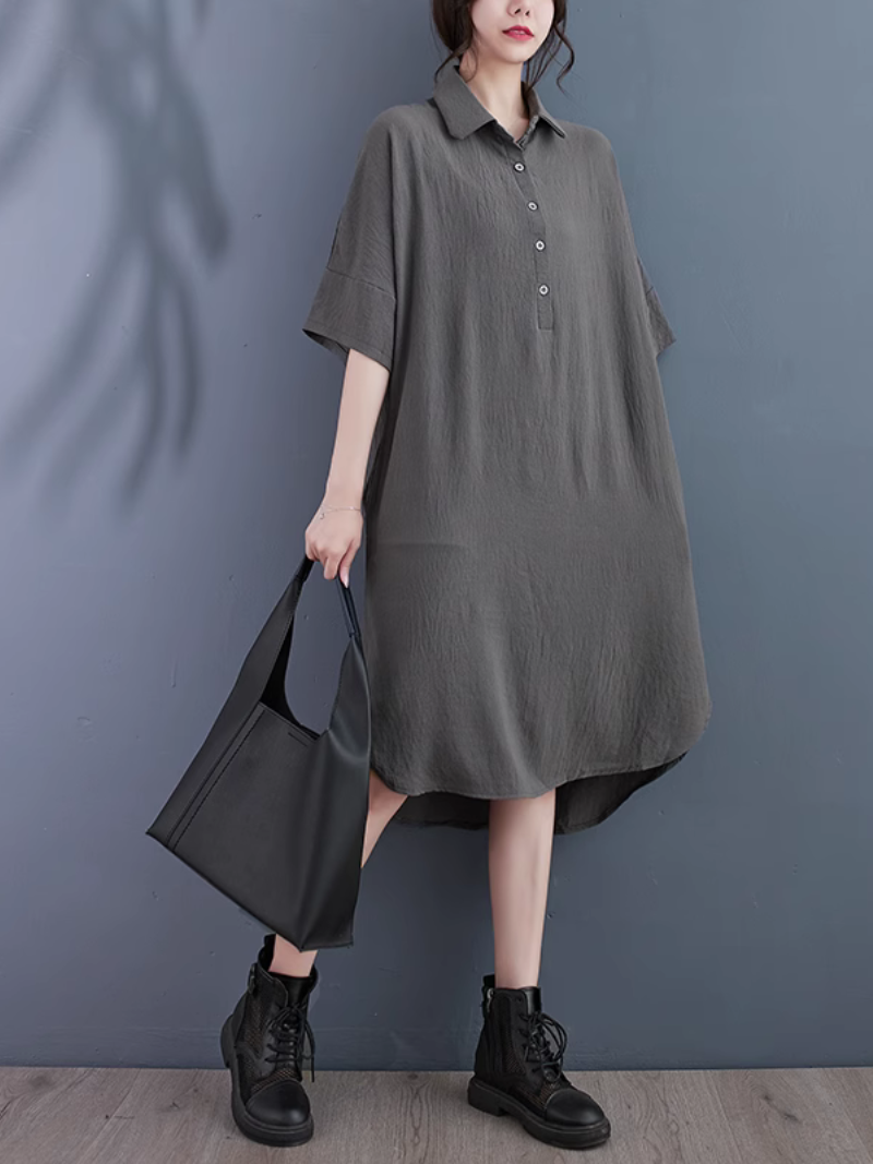 Collared Half Placket Textured Loose Shirt Midi Dress