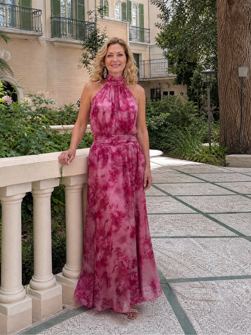 Halter Turtleneck Floral Chiffon Sash Waist Maxi Gown 6