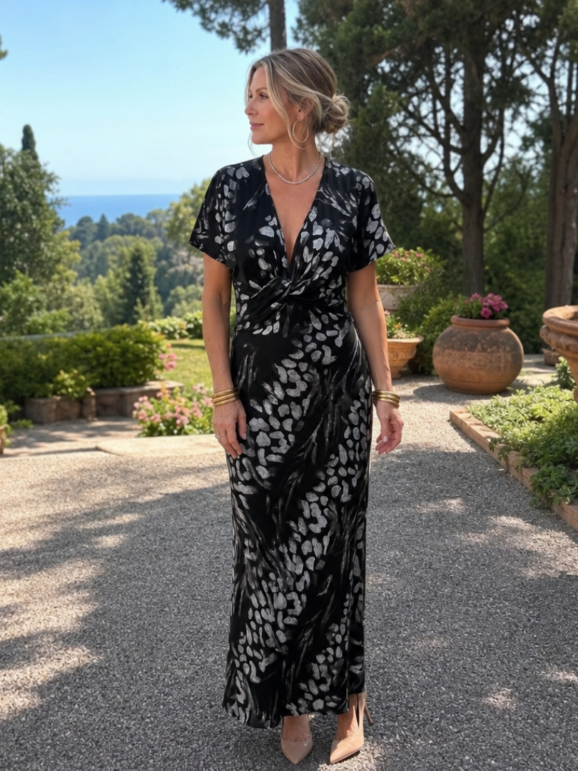 V-Neck Twist Front Satin Abstract Print Column Maxi Dress 7