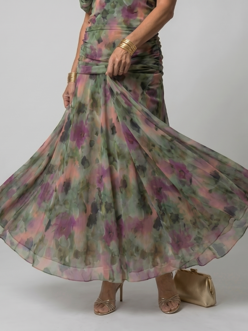 Off-Shoulder Twist Front Floral Ruched Chiffon A-Line Maxi Dress 16