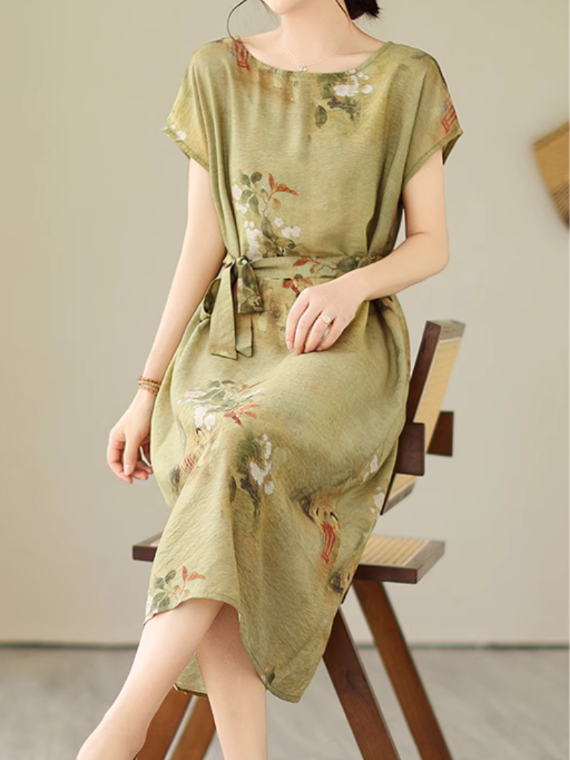 Boat Neck Cap Sleeve Floral Print Tie Waist Loose Midi Dress 5