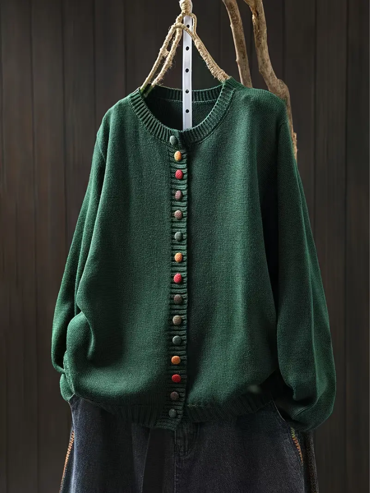 Knit Round Neck Multicolor Button Long Sleeve Cardigan 6