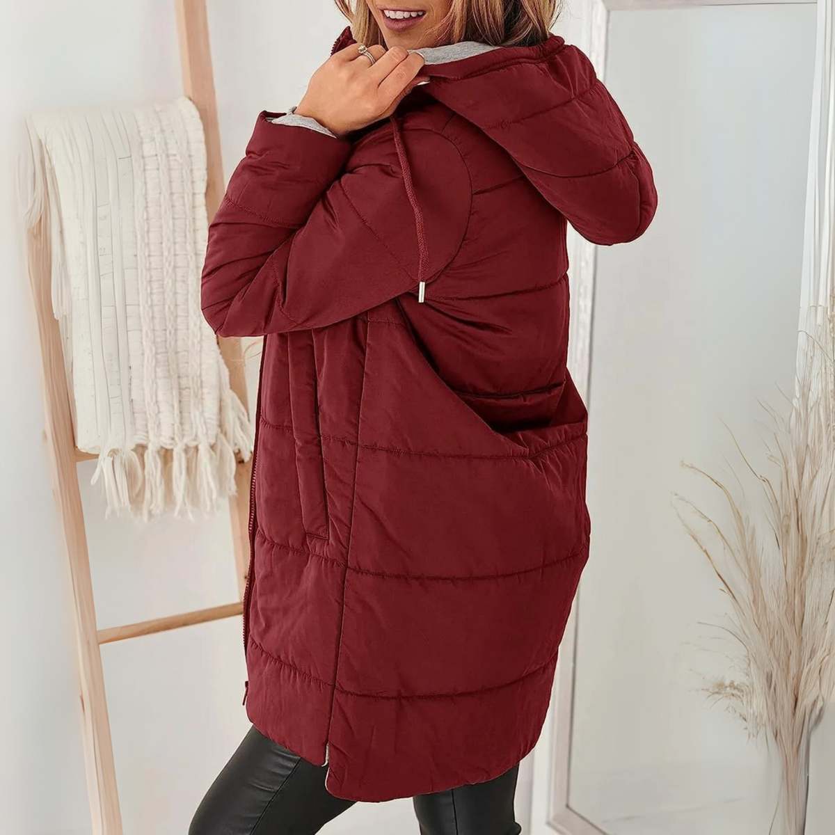 Hooded Drawstring Quilted Zip-Up Longline Puffer Coat