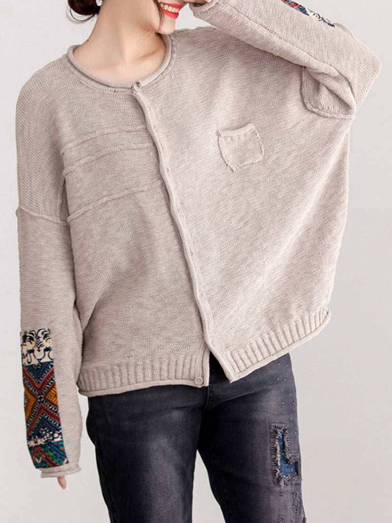 Round Neck Embroidered Sleeve Button Front Knit Cardigan