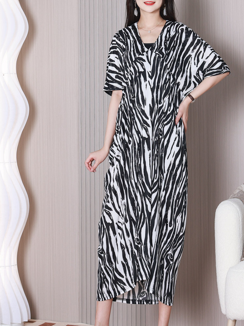 Round Neck Batwing Sleeve Zebra Print Loose High-Low Midi Dress