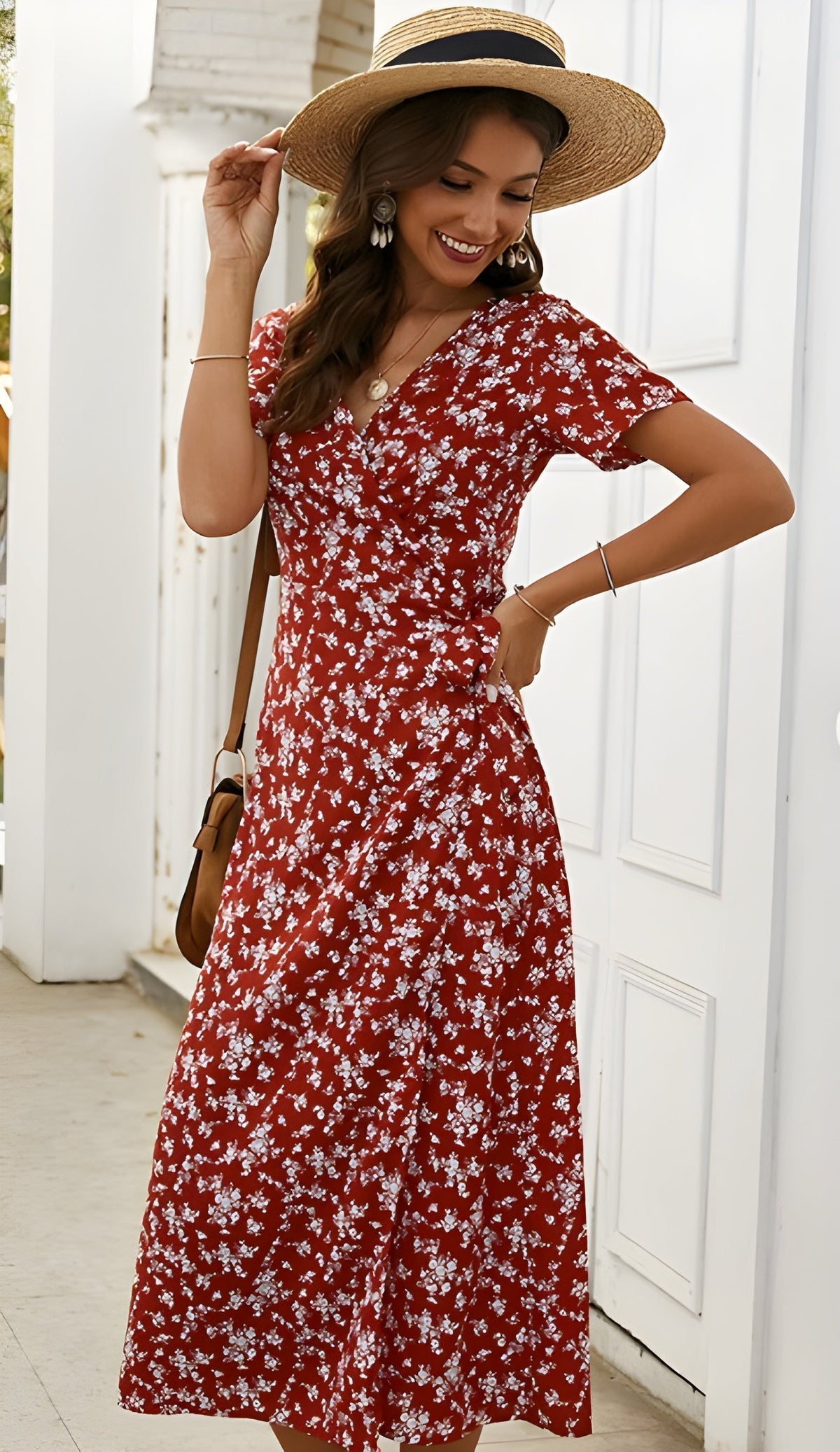 V-Neck Ditsy Floral Wrap Tie Waist Short Sleeve A-Line Maxi Dress 4