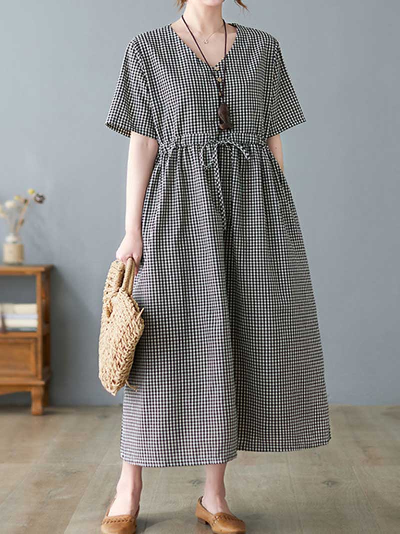 Black V-Neck Short Sleeve Gingham Check Drawstring Waist Smock Midi Dress