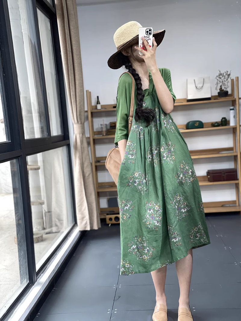 V-Neck Floral Print Sleeveless Loose A-Line Midi Dress 5