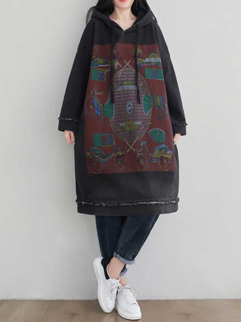 Hooded Graphic Print Frayed Hem Oversized Sweatshirt Midi Dress
