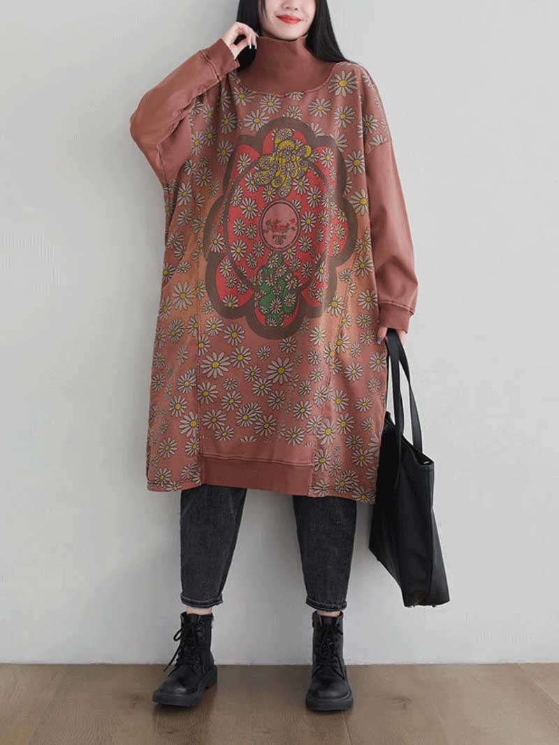 Turtleneck Floral Daisy Print Medallion Oversized Sweatshirt Midi Dress