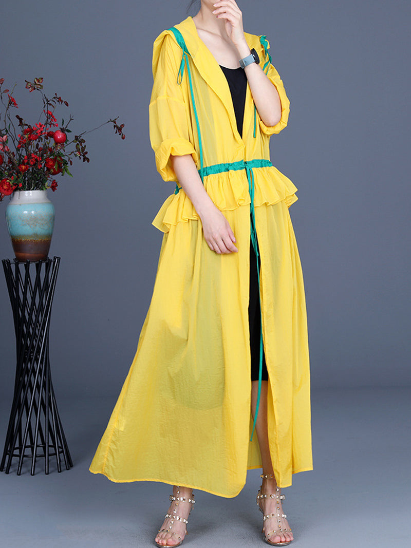 Hooded Drawstring Ruffle Pocket Open Front Long Duster Coat 11