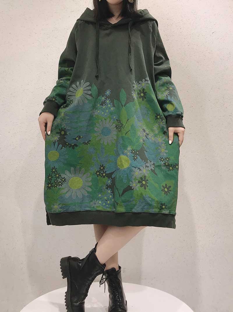 Hooded Floral Print Long Sleeve Oversized Sweatshirt Midi Dress