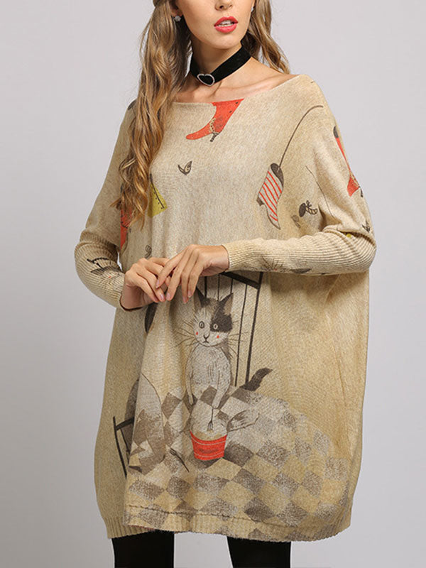 Boat Neck Cat Print Long Sleeve Knit Sweater Tunic