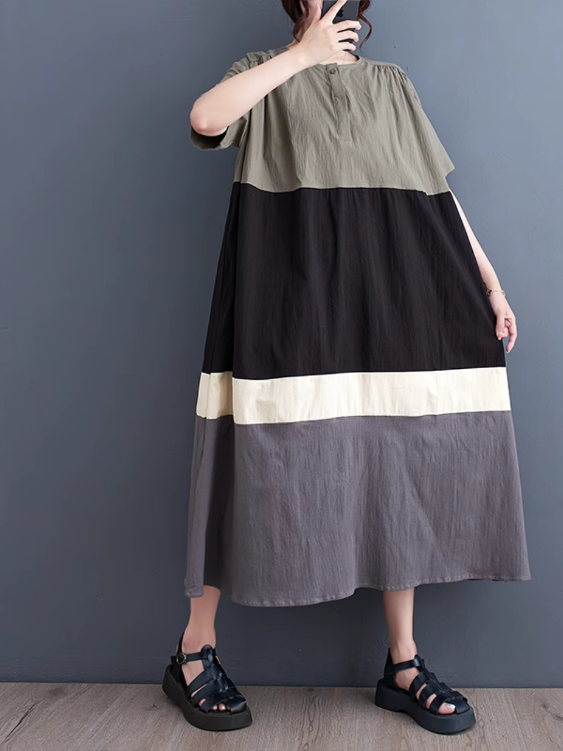 Round Neck Short Sleeve Contrast Panel Tiered Midi Dress