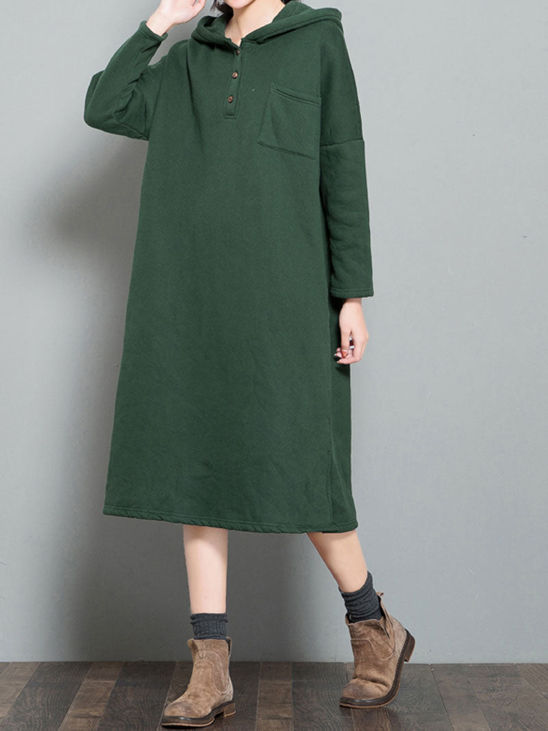 Hooded Long Sleeve Patch Pocket Loose Sweatshirt Midi Dress 3