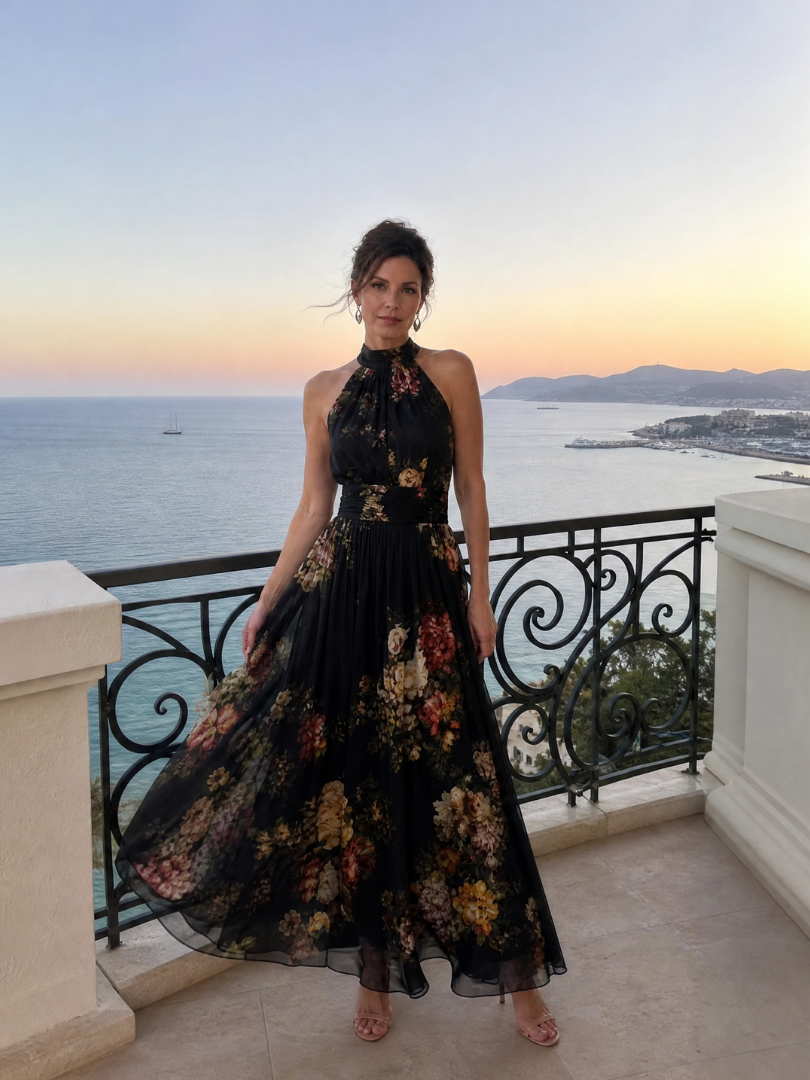 Black Halter Neck Floral Print Ruched Waist Sleeveless Pleated Maxi Dress 6