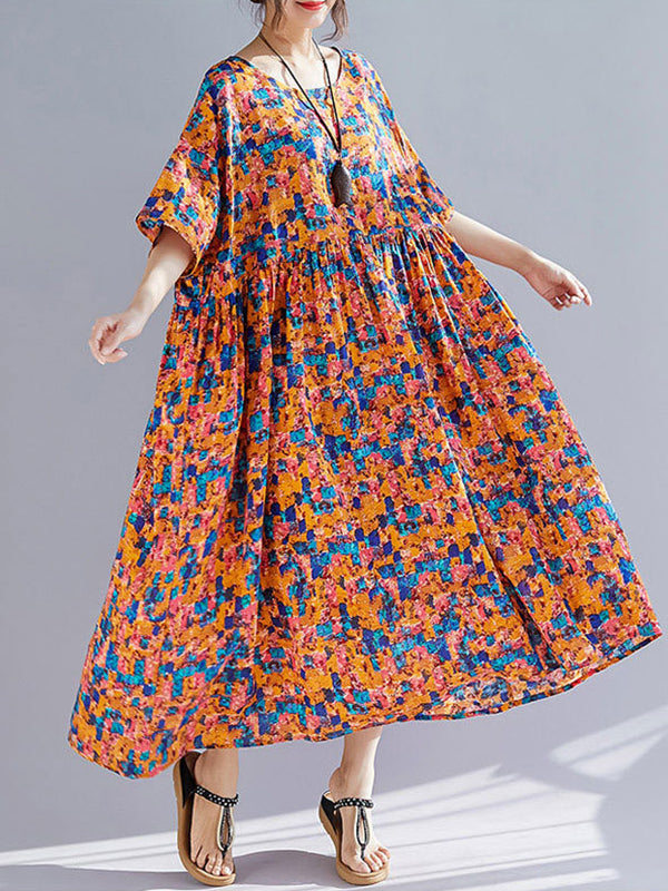 Multi Color Round Neck Abstract Floral Print Pleated Short Sleeve A-Line Maxi Dress