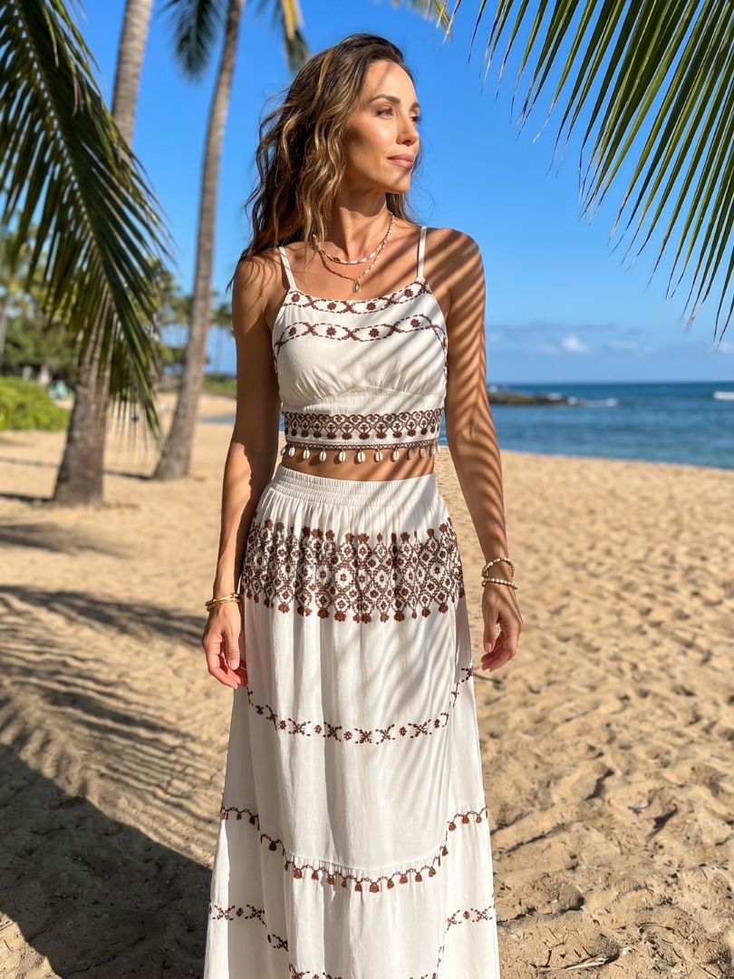 White Spaghetti Strap Embroidered Tassel Crop Top Maxi Skirt Set 6