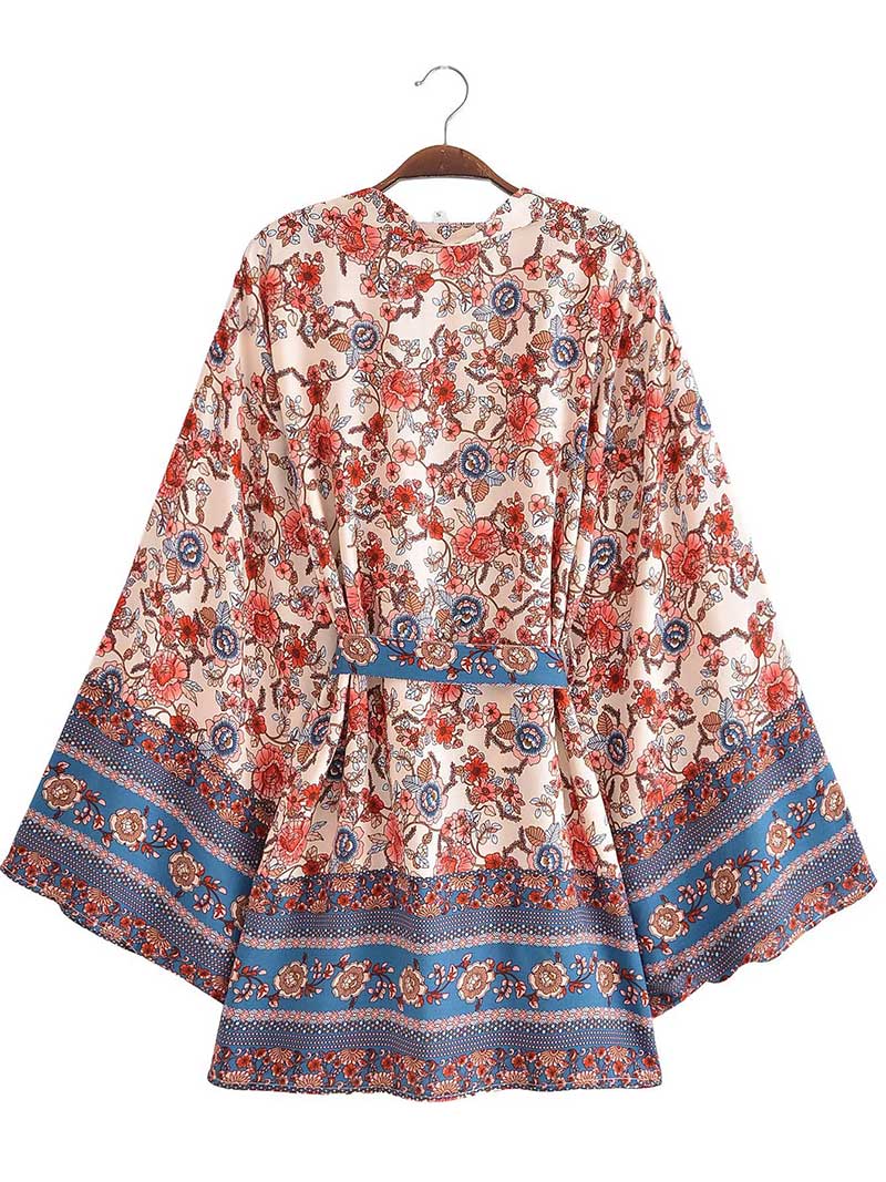 Ditsy Floral Border Print Belted Open-Front Short Kimono 6