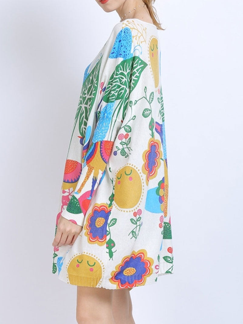 Boat Neck Abstract Print Long Sleeve Knit Mini Dress
