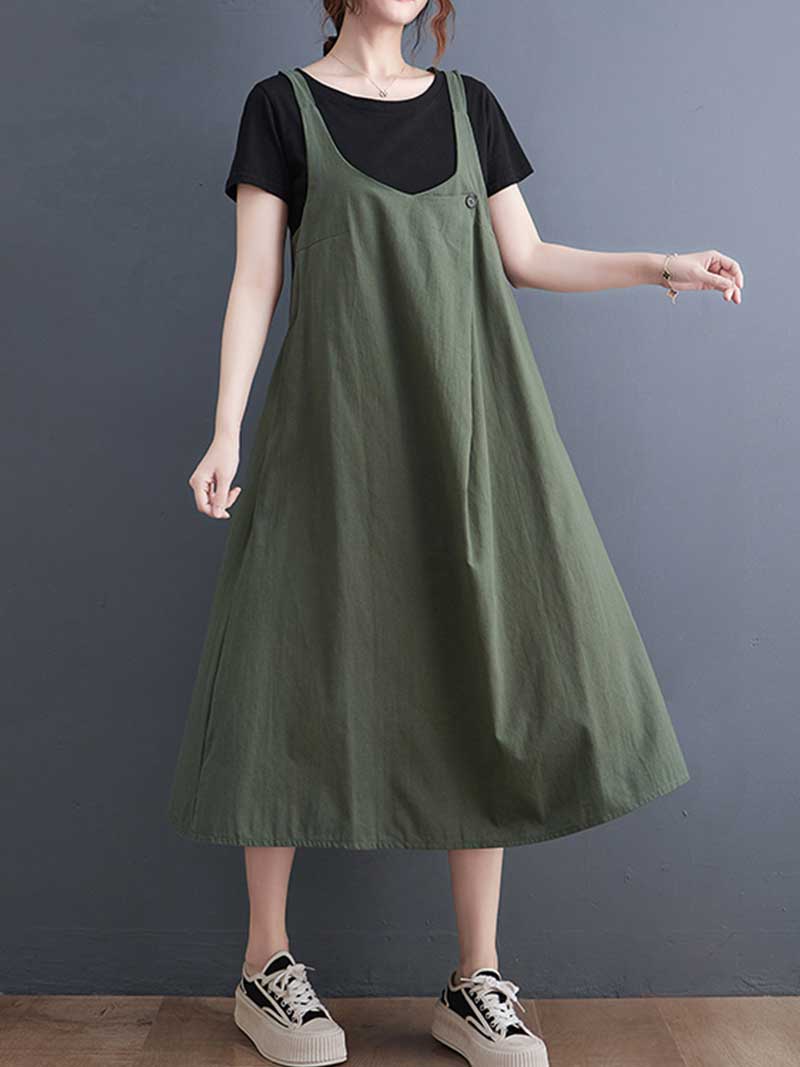Wide Strap Cotton Loose A-Line Pinafore Midi Dress 5