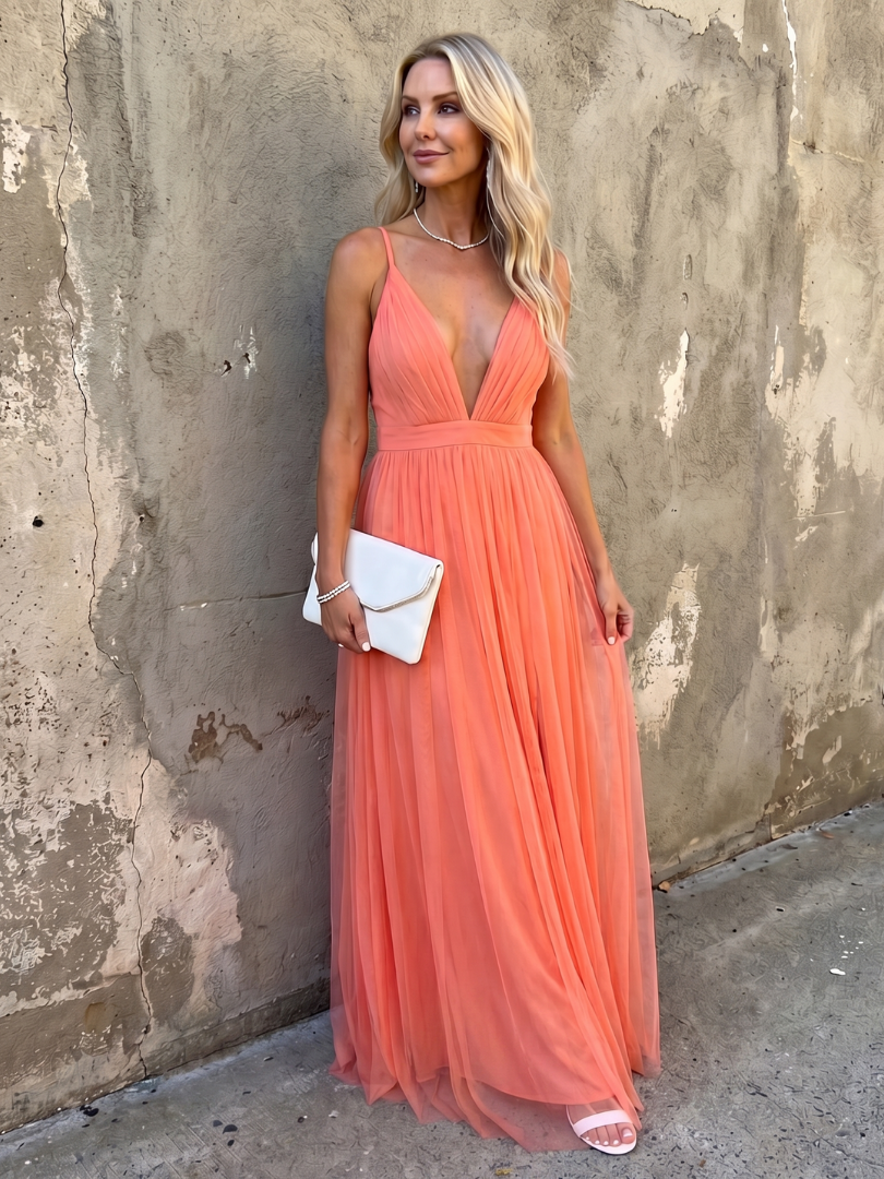 Orange Spaghetti Strap Deep V-Neck Tulle Pleated High Slit Gown 6