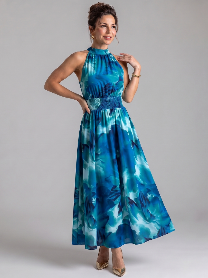 Halter Neck Abstract Floral Smocked Waist Sleeveless Maxi Dress 5