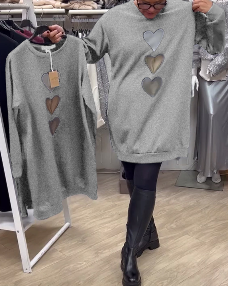 Black Round Neck Heart Print Long Sleeve Sweatshirt Mini Dress