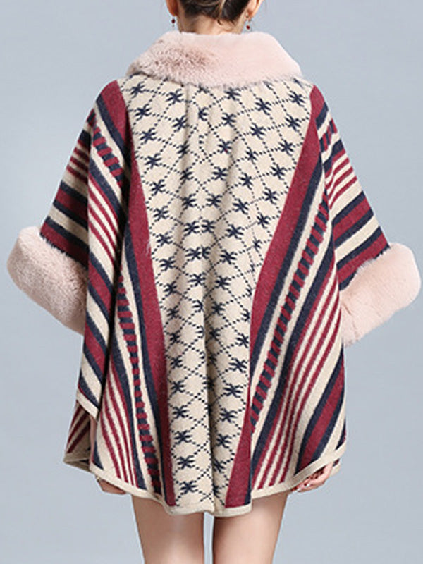Faux Fur Collar Striped Aztec Print Cape Cardigan 8