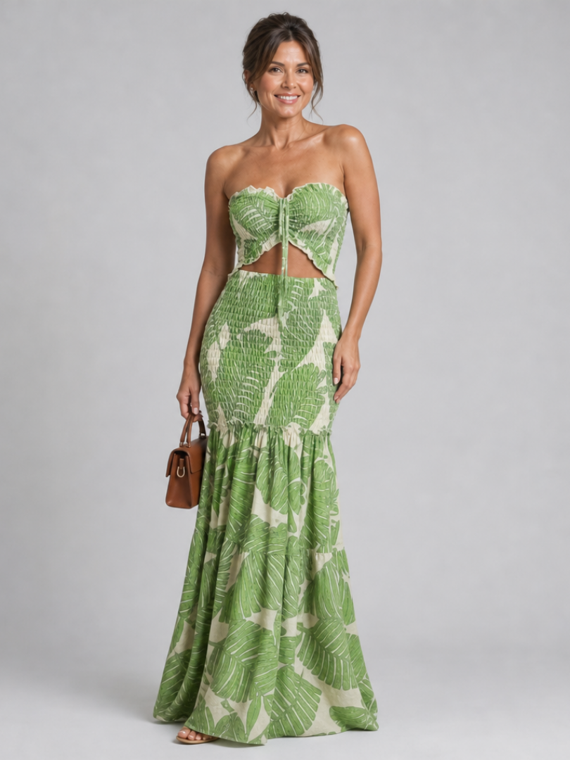 Strapless Sweetheart Twist Front Cutout Palm Print Smocked Mermaid Maxi Dress 5