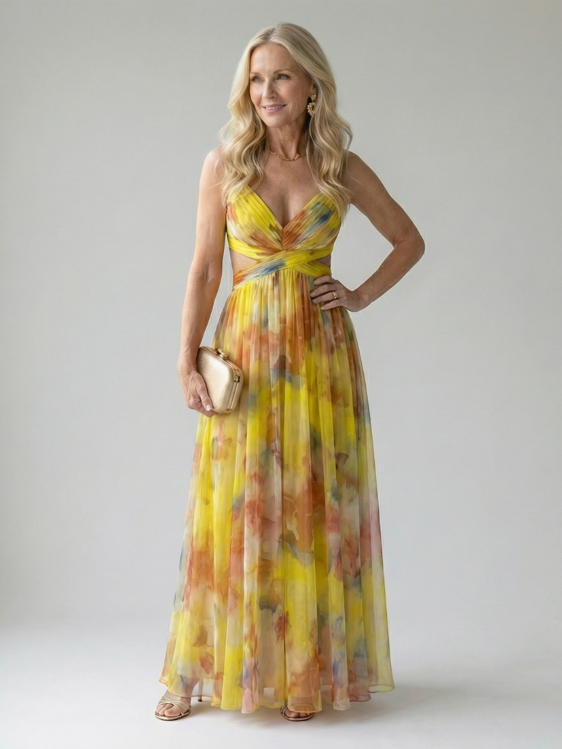 Spaghetti Strap V-Neck Floral Print Pleated Tulle Maxi Gown 5